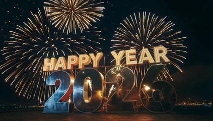 Spectacular fireworks display behind a giant illuminated Happy Year 2026 sign at night, a vibrant celebration for new year wishes and festive occasions - Powered by Adobe