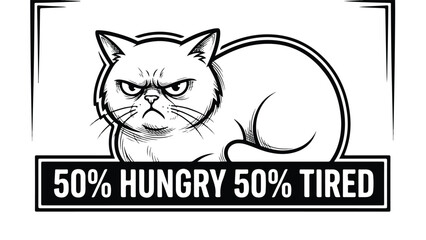 Grumpy cat illustration with text 50 hungry and 50 tired black and white.