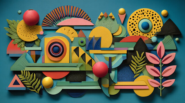 Abstract geometric shapes in a colorful composition with a variety of shapes and textures and a textured paper craft style