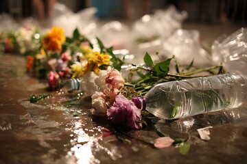 Scattered colorful flowers and discarded plastic bottles lying on a wet, reflective surface in low light.