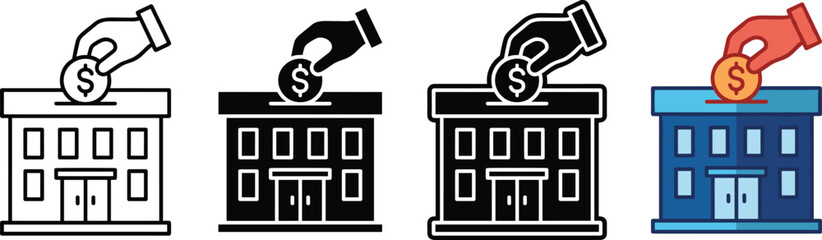 Bank deposit icon set, financial transaction symbols, money saving graphics, dollar coin visuals, black and color theme, finance elements