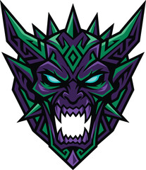 Demonic face illustration, monster emblem, fantasy creature design, gaming logo, dark theme, sharp fangs, glowing eyes, horror graphic
