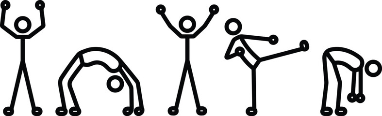 Exercise icon set, fitness symbols, movement graphics, stretching visuals, workout poses, black theme, physical activity and health elements