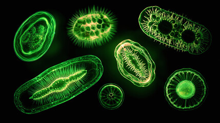 An artistic depiction of glowing microorganisms, showcasing intricate cellular structures against a dark backdrop