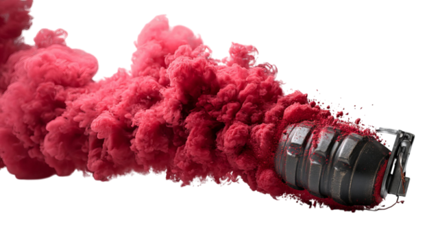 PNG of A black grenade releasing vibrant red smoke, creating a dramatic visual effect.