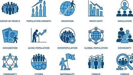 Population icon set, demographic study symbols, migration and census graphics, aging and growth visuals, blue theme, social science elements