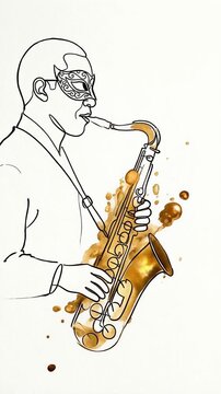 Self-drawing line art animation of a soulful saxophone player appearing on a white background, symbolizing New Orleans jazz culture and Mardi Gras street parade music.