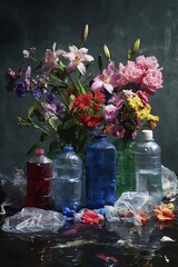 Vibrant floral arrangement contrasts sharply with surrounding plastic refuse in a still life composition