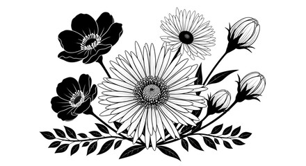 Elegant Black White Floral Bouquet Design for Wedding Invitations Greeting Cards Branding