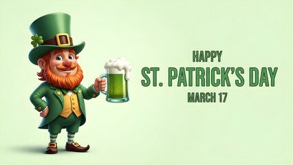 Happy st patricks day greeting with a leprechaun holding a green beer
