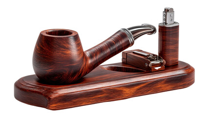 PNG of A rich wooden smoking pipe set featuring a pipe, lighter, and cutter on a polished base.