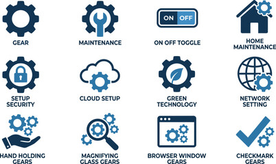 Technology and maintenance icon set, gear-based symbols, digital setup graphics, home and cloud visuals, black silhouette, system configuration elements