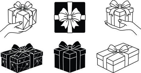 Elegant black and white gift box illustrations featuring decorative bows, hand-held presents, and festive packaging elements ideal for celebrations, holidays, branding, and creative design projects.