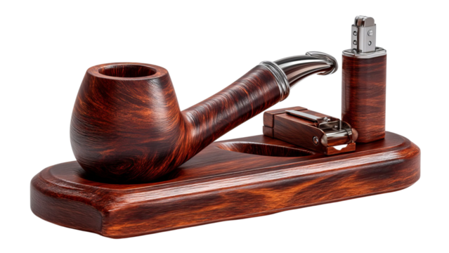 PNG of A rich wooden smoking pipe set featuring a pipe, lighter, and cutter on a polished base.