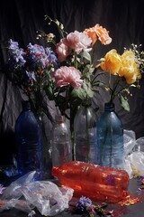 Colorful blossoms arranged in assorted plastic containers against a dark backdrop
