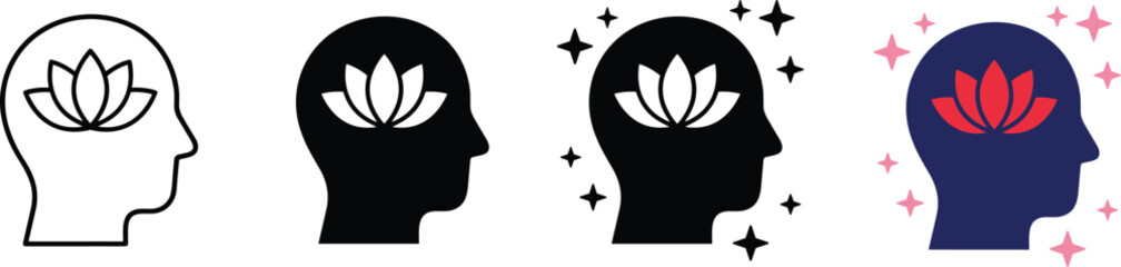 Mindfulness icon set, mental transformation graphics, spiritual growth symbols, lotus flower visuals, awareness and clarity design, black silhouette theme