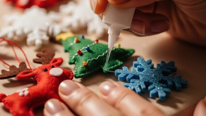 Close-up of hands decorating colorful Christmas ornaments with glue on a table with a shallow depth of field and warm tones.