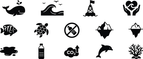 Ocean conservation icon set, marine life symbols, environmental protection graphics, pollution awareness visuals, black silhouette, eco-friendly design elements