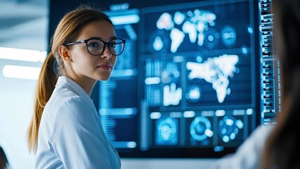 Female analyst data dashboard world map technology analytics office with blue screen, confident scientist professional monitoring big data - Powered by Adobe