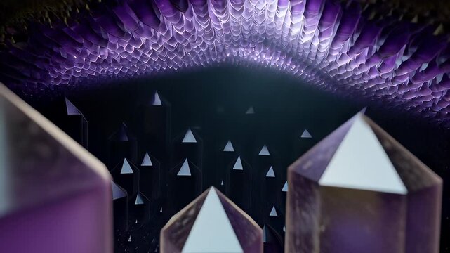 Glowing purple amethyst crystals inside a dark rock geode with volumetric light rays in a cinematic 3D animation, illustrating geological beauty.