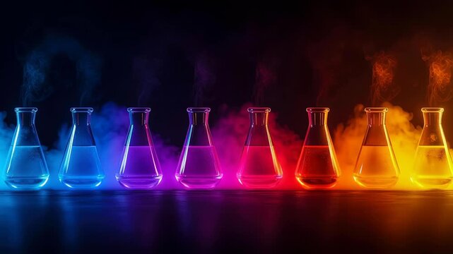Colorful chemistry laboratory glassware with flask and beaker, neon liquid, glowing vapor and smoke dark background, gradient light science