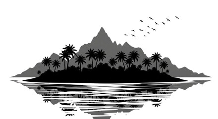 Tropical Island Paradise Reflection Mountain Seascape for Travel Vacation Design Element