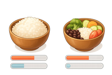 Swap set &mdash; two bowls: full rice &rarr; half rice + extra veggies/beans; fullness meter steady; sodium meter drops -no text PNG 