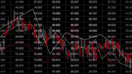 Seamless loop 3D animation of a black financial candlestick chart with red candles and white trend lines over blurred market numbers, ideal for trading, stocks, forex, and analytics. - Powered by Adobe