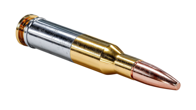PNG of Close-up of a metallic bullet cartridge with a shiny casing and pointed tip, symbolizing precision and power.