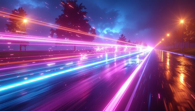 Neon light streaks on wet road at night motion blur