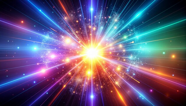 Bright neon light explosion with colorful streaks and particles