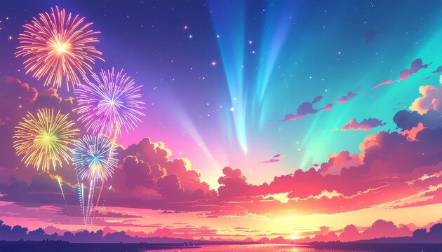 Colorful fireworks and aurora borealis over water night - Powered by Adobe