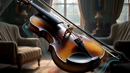 Floating antique violin playing itself with a bow surrounded by blue magical smoke in a dusty room with cobwebs, illustrating a haunted 3D fantasy concept.