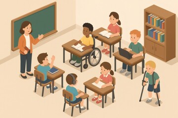 Teacher interacting with diverse group of students, including children with disabilities, fostering inclusive education and learning environment