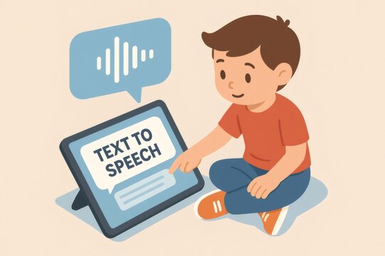 Boy using a digital tablet for text to speech communication, demonstrating assistive technology and modern learning tools for children