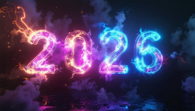 Glowing neon 2026 numbers in vibrant electric light and smoke