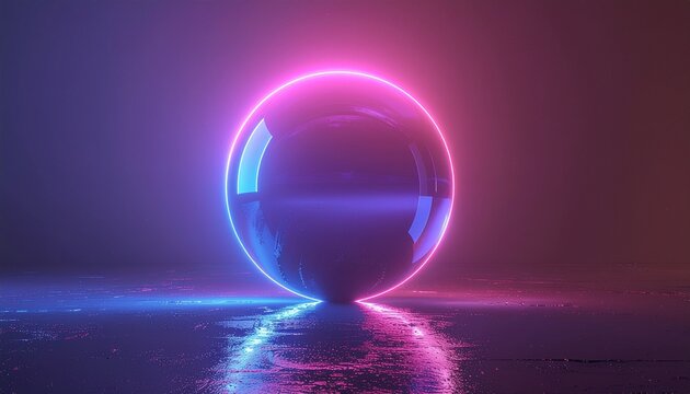 Glowing Neon Sphere on Wet Reflective Surface light