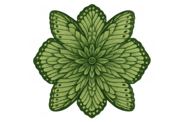 Green butterfly mandala forming symmetrical floral pattern, abstract insect wings kaleidoscope design element