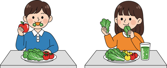 Fototapeta premium Cute Boy and Girl Eating Fresh Fruits and Vegetables Vector Illustration Showing Healthy Nutrition Food Habits for Kids Concept