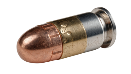 PNG of Close-up of a metallic bullet, with a copper tip and silver casing, showcasing its intricate details and craftsmanship.