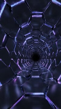 Seamless loop of a deep dark digital tunnel composed of glistening metallic hexagonal tiles moving infinitely forward warp, tunnel, reality