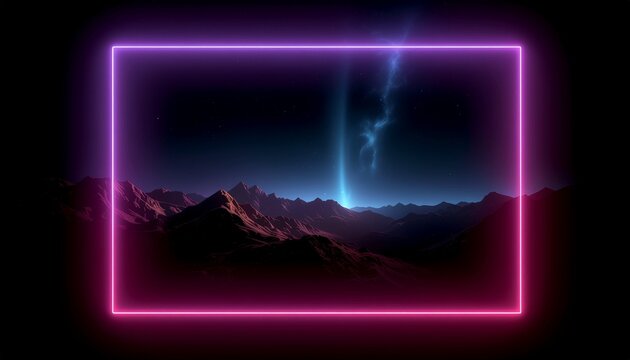 Neon pink square frame over alien mountain landscape