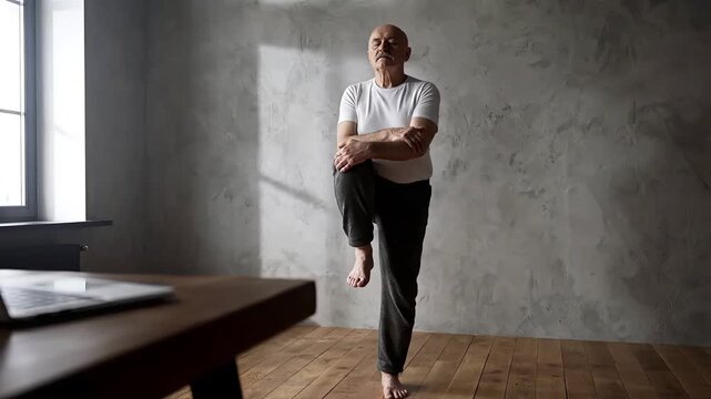 An older man in a white t-shirt and dark pants practices a balance exercise indoors, standing on one leg and holding his knee.