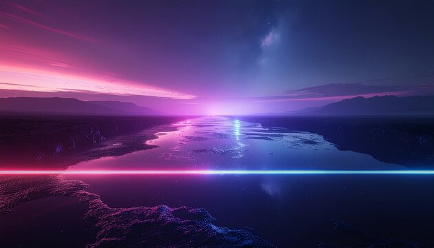 Neon horizon over water reflecting purple and blue sky - Powered by Adobe
