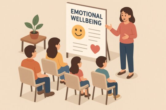 Speaker giving a family emotional wellbeing seminar, presenting concepts like happiness and love to a diverse audience