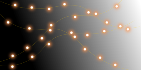 Abstract glowing string lights flowing across a black and white gradient background.