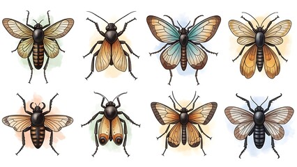 Vector Set Of Watercolor Insects  - Soft Colors, Artistic Backgrounds, Nature Themed Illustrations