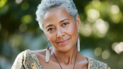 Smiling senior woman with short gray hair and a warm, inviting expression