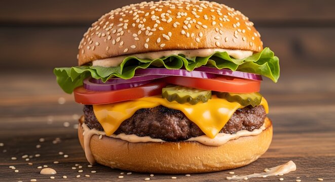 Delicious gourmet burger with sesame seed bun and fresh ingredients - Powered by Adobe