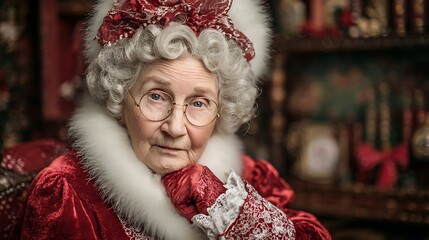 Elderly woman in elaborate red and white holiday attire gazes thoughtfully forward
